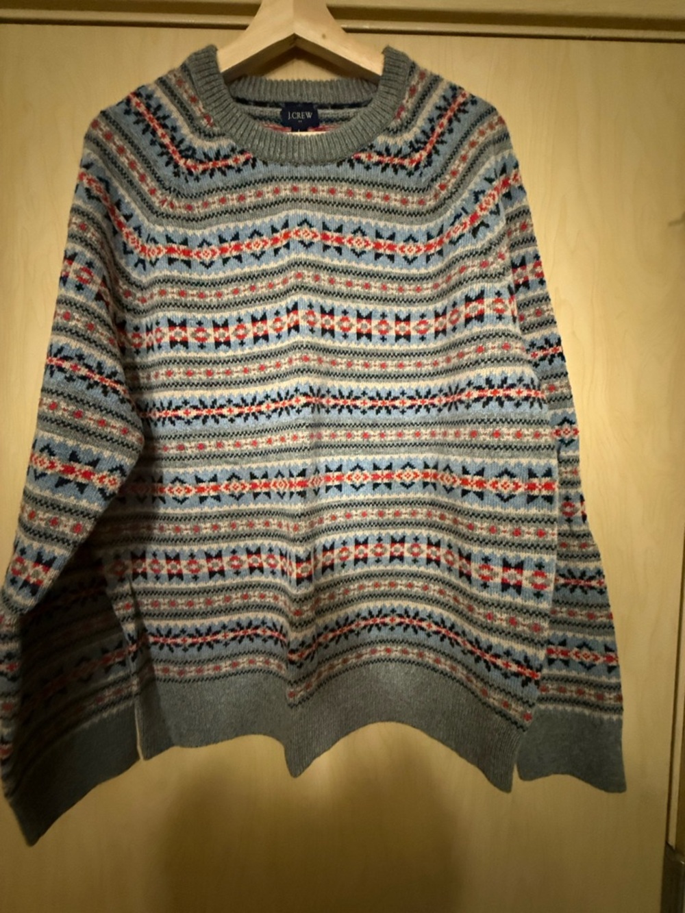 J. Crew Multicolor Fair Isle Wool Sweater - Gray Base with Blue & Red Accents